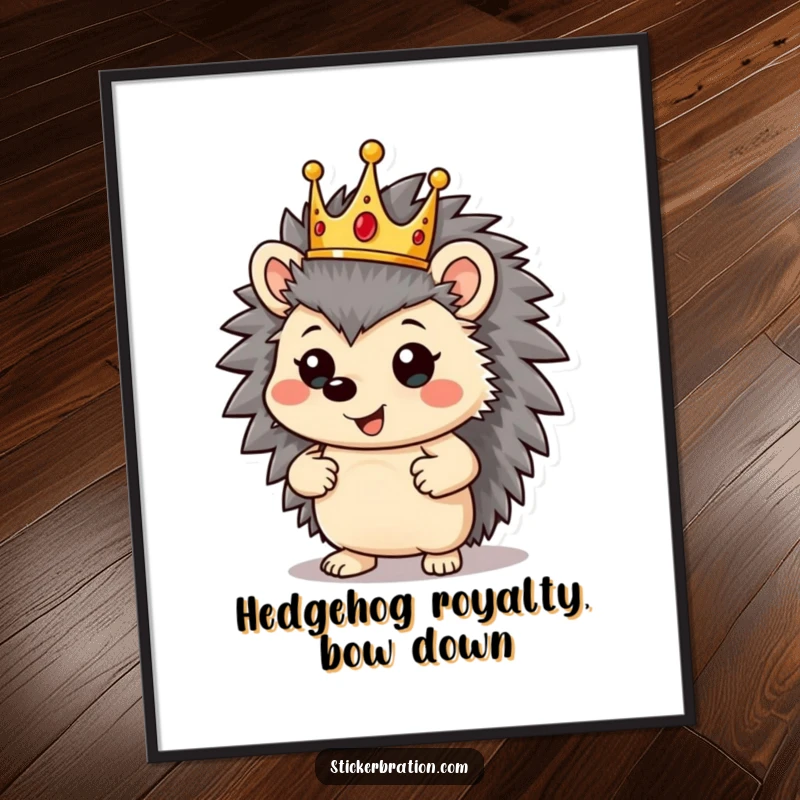 Funny Free Printable wall art of a jolly hedgehog wearing a magnificent crown and standing in a proud, regal pose, exuding confidence.