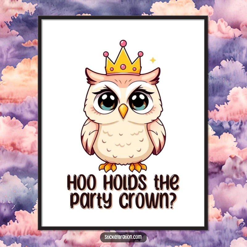 Funny Free Printable Wall Art of a shocked owl wearing a tiny party crown, capturing a moment of hilarious surprise.