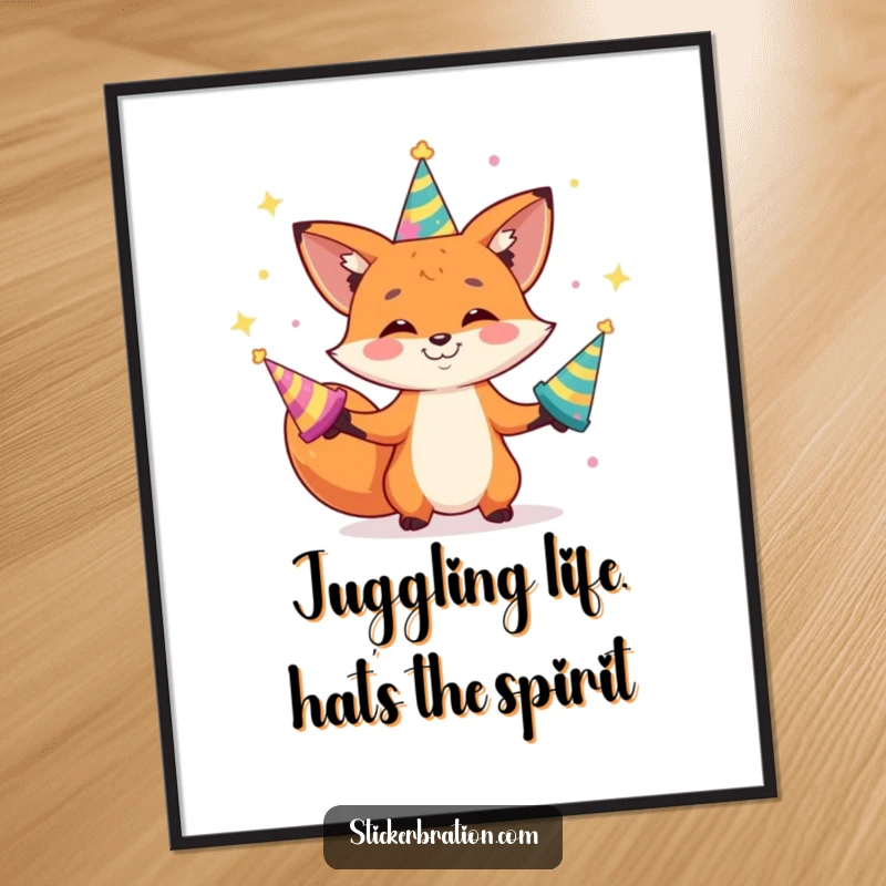 Funny Free Printable Wall Art: Playful fox character skillfully juggling multiple shiny party hats with a happy grin, vibrant downloadable art.