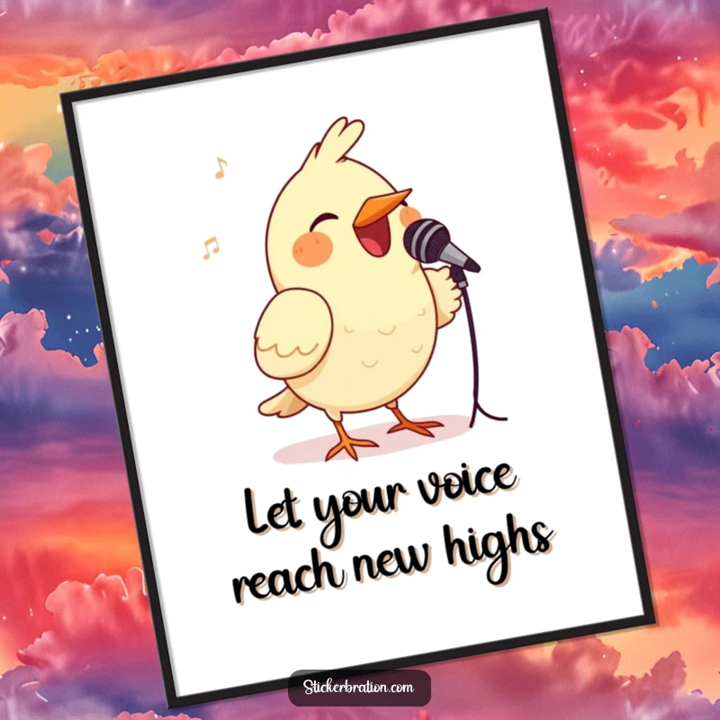Funny Free Printable Wall Art: Cheerful bird with a tiny microphone, passionately singing a joyful song, vibrant decor.