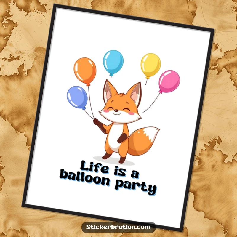 Funny Free Printable Wall Art: A talented fox juggling multiple colorful balloons with ease, perfect downloadable decor.