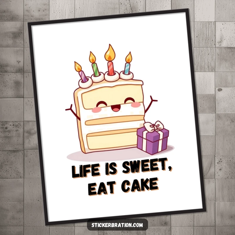 Funny Free Printable Wall Art of a beaming cake slice with candles enthusiastically opening a gift, perfect for sweet decor.