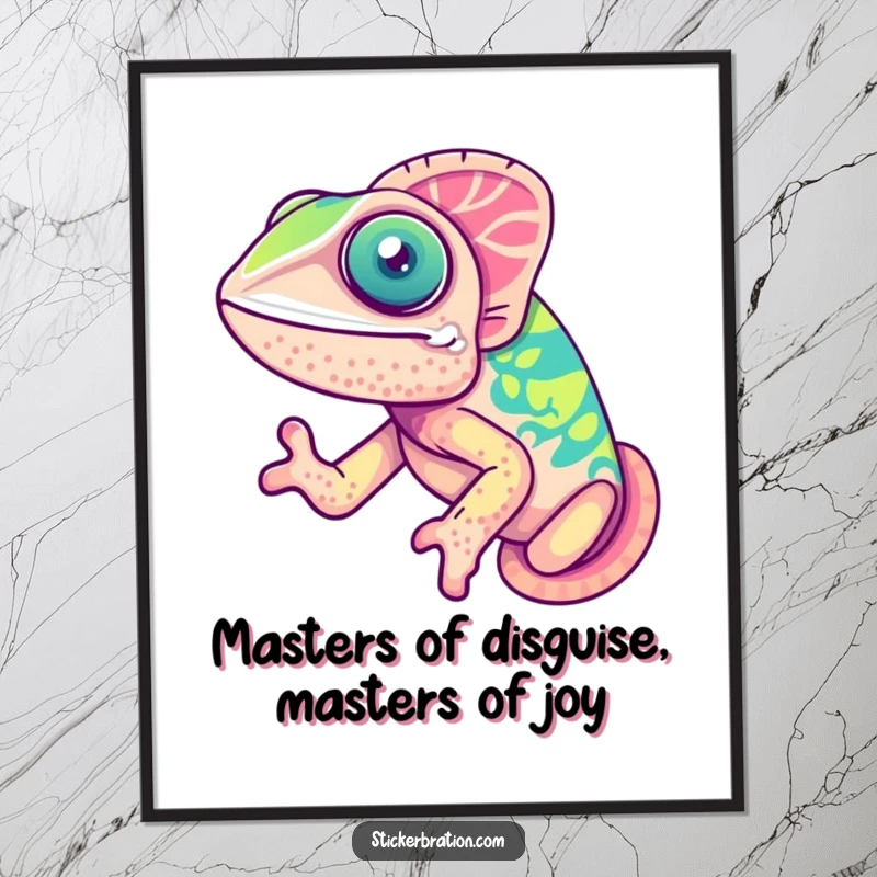 Funny Free Printable Wall Art: A cute chameleon displaying a dazzling, joyful array of changing colors on your wall.
