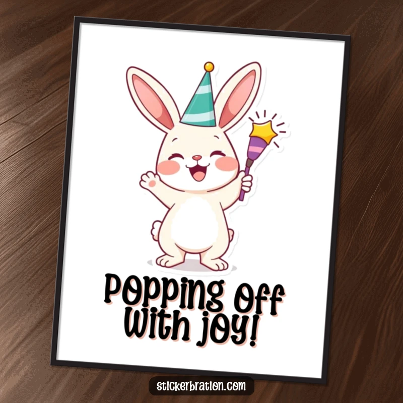 Funny Free Printable Wall Art: Cheerful bunny holding a party popper, mid-celebration, vibrant and joyful downloadable art.