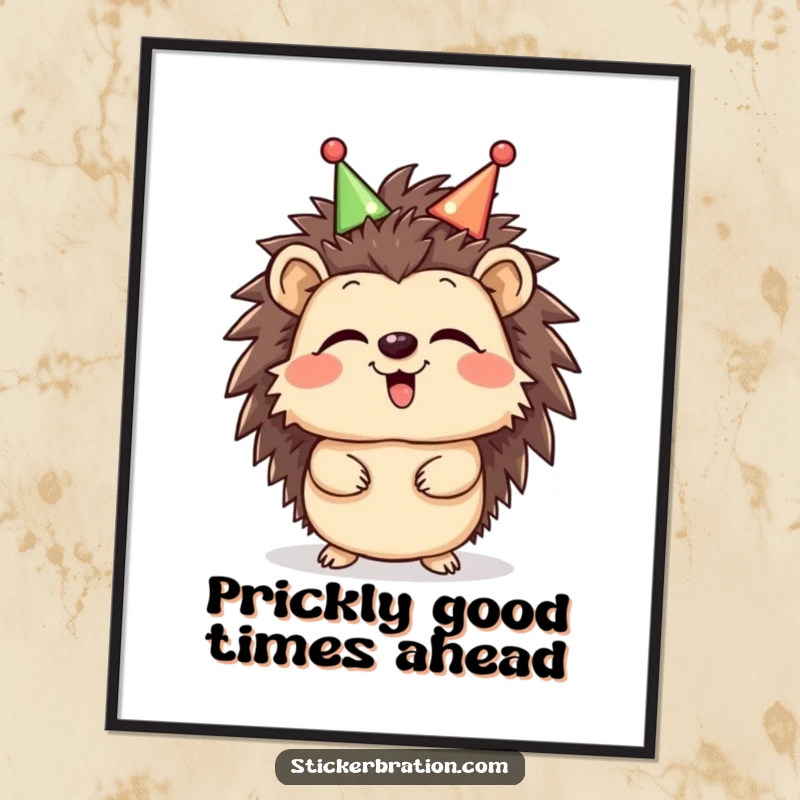 Funny free printable wall art of a giggling hedgehog character wearing a celebratory headband, radiating happiness and charm.
