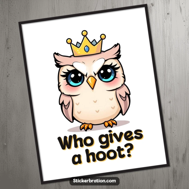 Funny Free Printable Wall Art: A wide-eyed, shocked owl sporting a tiny, colorful party crown, creating amusing decor.