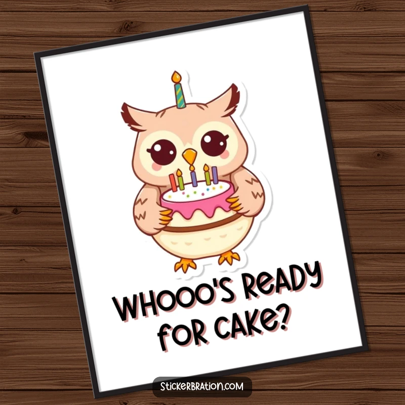 Funny Free Printable Wall Art: A cheerful owl character holding a birthday cake, adding a touch of whimsy to decor.