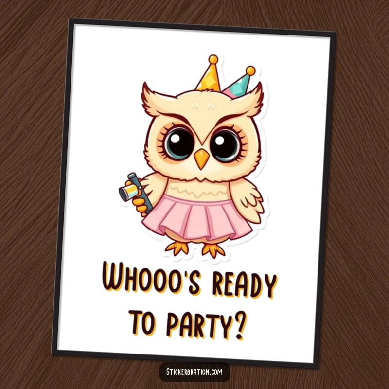 Funny Free Printable Wall Art: A grinning owl character wears a tiny party dress and holds a noisemaker, exuding festive charm.