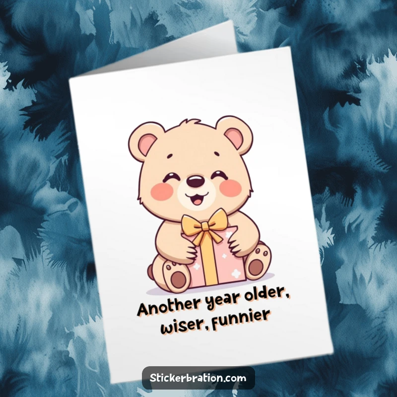 Funny Free Printable Birthday Card: Smiling bear cub excitedly unwrapping a gift box, a downloadable design full of birthday cheer.