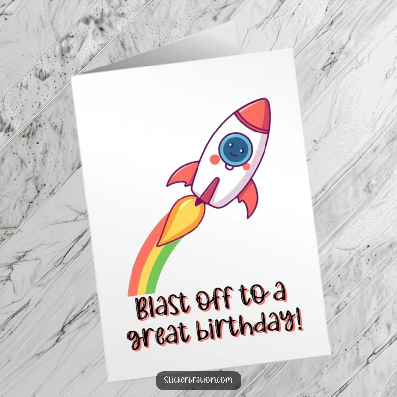 Funny Free Printable Birthday Card: A cheerful rocket character zooms across the sky, leaving a vibrant, magical rainbow trail behind.