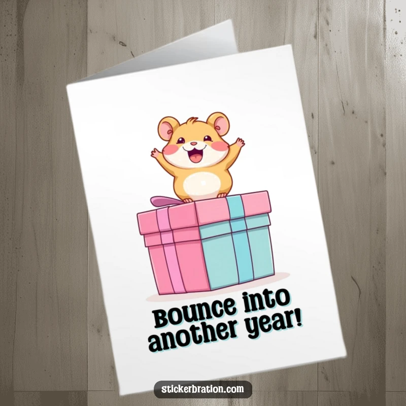 Funny free printable birthday card: Excited hamster joyfully bouncing on a giant, colorful present box, ready for celebration.