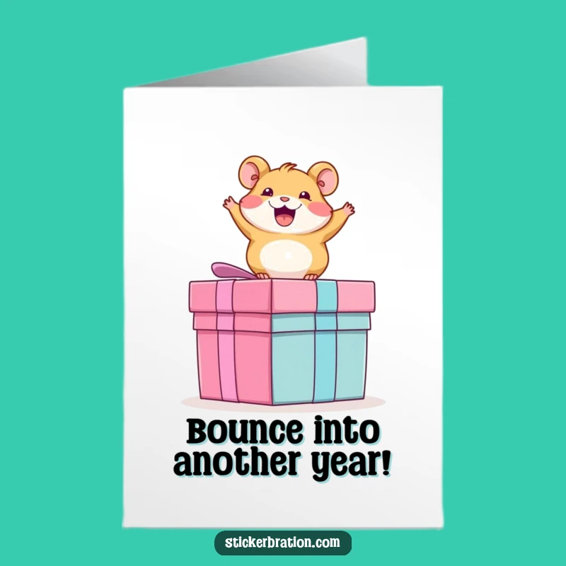 Free Printable Funny Birthday Card: Hamster Bouncing on Present, Hilarious Downloadable Gift