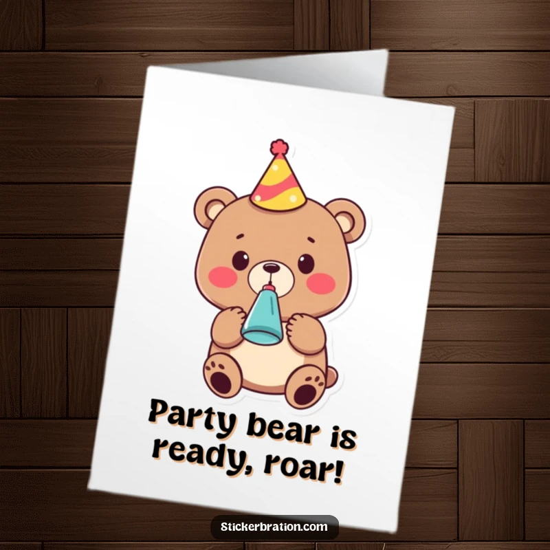 Funny free printable birthday card: A cheerful bear with a party hat blows a noisy noisemaker with glee.