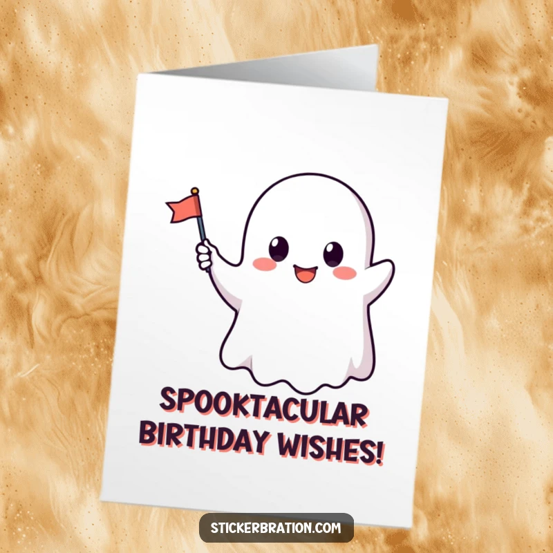 Funny Free Printable Birthday Card: A cute, smiling ghost character playfully waving a tiny celebratory flag, spreading birthday cheer.