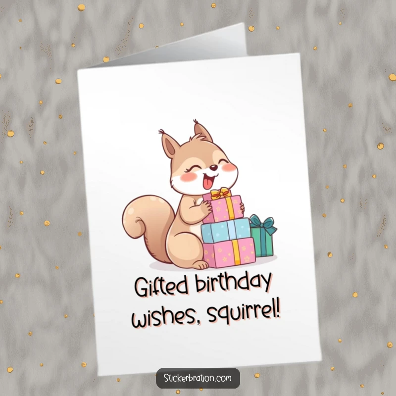 Funny Free Printable Birthday Card: A joyful squirrel giggling hysterically while holding a tall stack of colorful birthday gifts.
