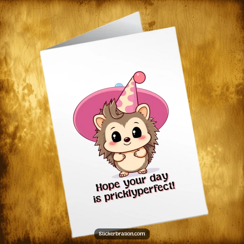 Funny Free Printable Birthday Card: Timid hedgehog peeking from behind a giant party hat, a downloadable design for a cute surprise.