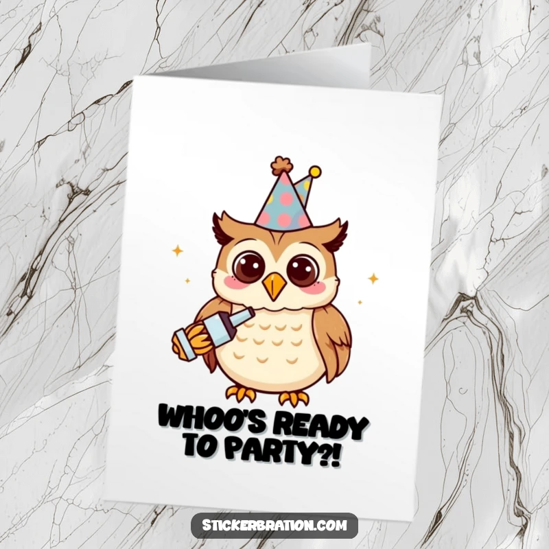 Funny Free Printable birthday card featuring a smiling owl wearing a party hat and enthusiastically blowing a noisemaker for a festive greeting.