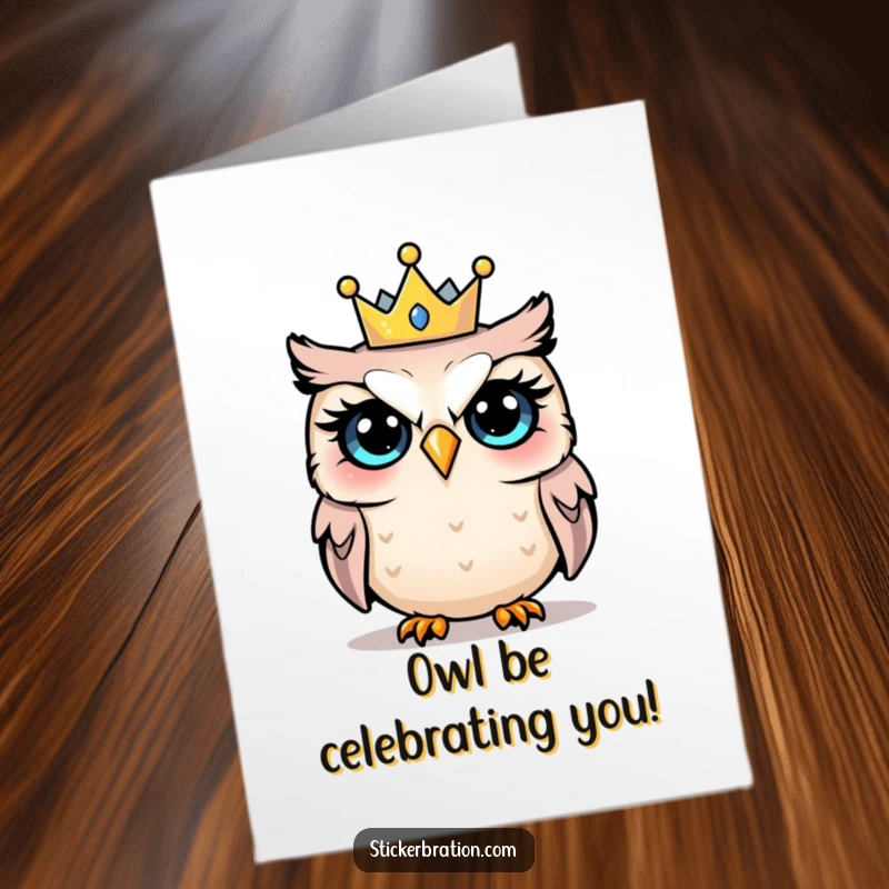 Funny Free Printable Birthday Card: An owl with wide eyes, looking shocked while wearing a comically small party crown.