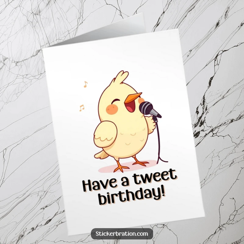 Funny Free Printable Birthday Card: Cheerful bird belting out a tune into a tiny microphone, ready to serenade.