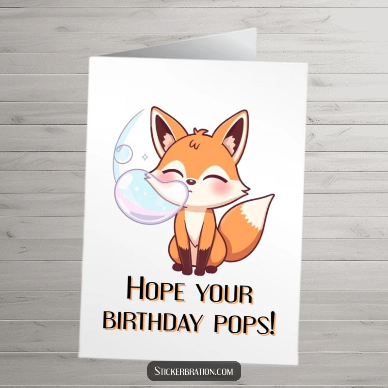 Funny free printable birthday card: a bubbly fox character winking playfully while blowing a giant, transparent bubble.