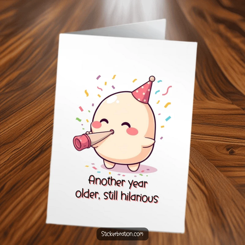 Funny Free Printable Birthday Card: Adorable blob character joyfully blows confetti from a party horn, spreading festive cheer.