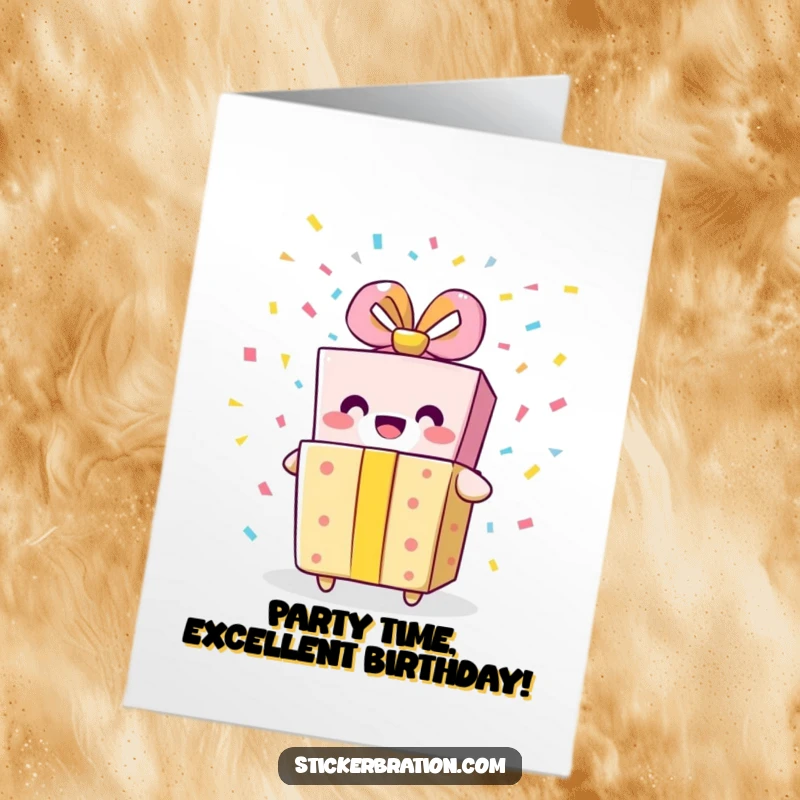 Funny Free Printable Birthday Card: A smiling gift box character explodes with colorful confetti, joyfully celebrating a birthday.