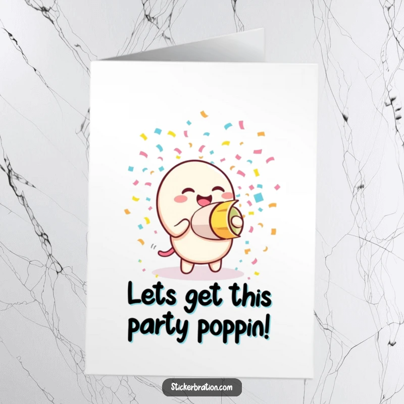 Funny Free Printable Birthday Card featuring a giggling confetti cannon character joyfully firing colorful paper streams.