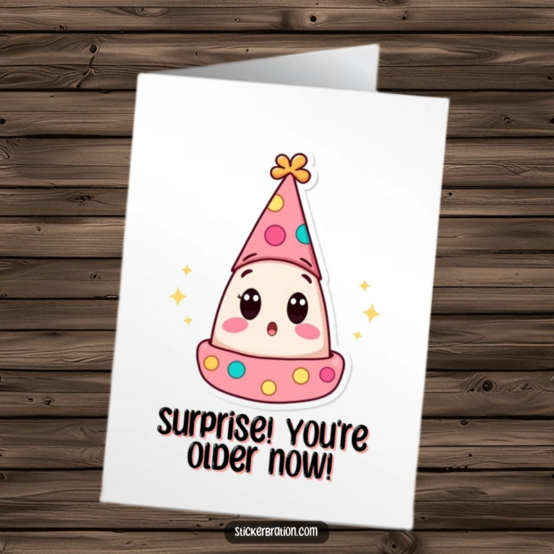 Funny Free Printable Birthday Card showing a party hat character with wide eyes, popping open in surprise.