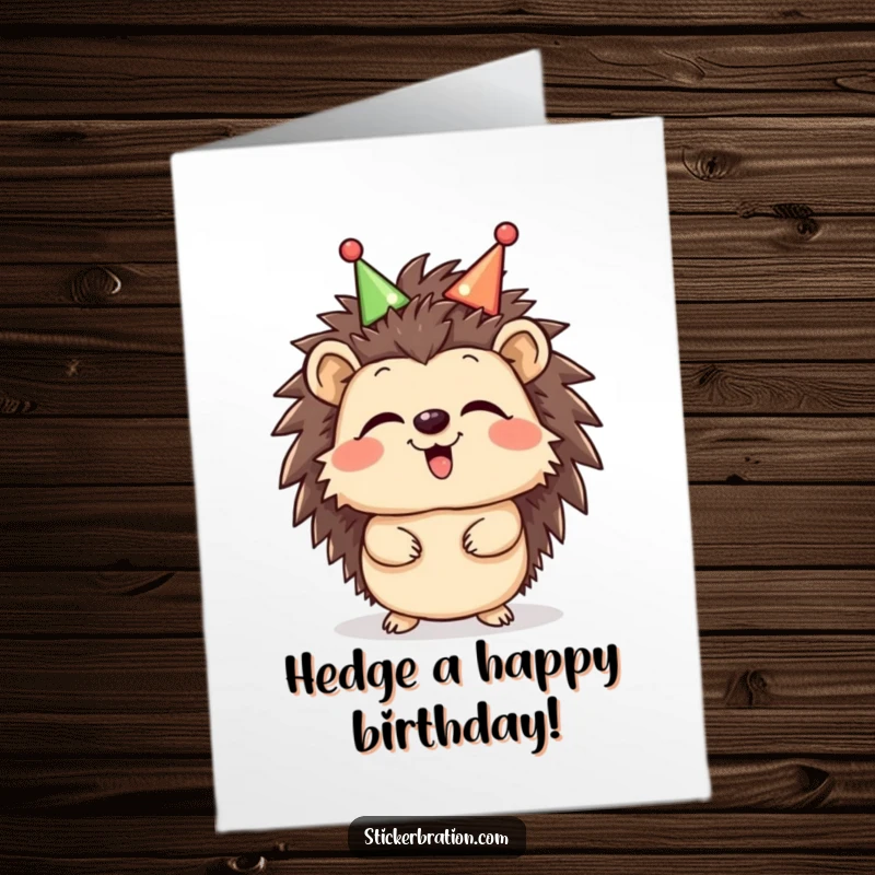 Funny free printable birthday card of a giggling hedgehog character wearing a celebratory headband, radiating pure birthday joy.