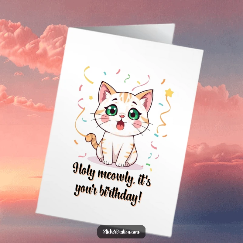 Funny Free Printable Birthday Card: A shocked cat with wide eyes, surrounded by colorful streamers, celebrating a surprise.