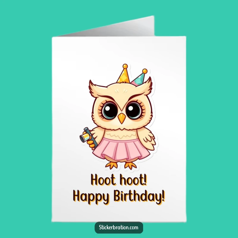 Free Printable Birthday Card: Owl Party Dress Noisemaker Downloadable Gift