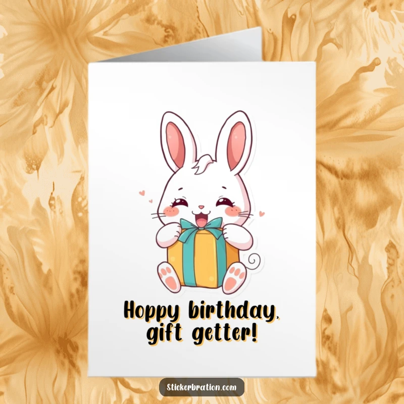 Funny free printable birthday card: A chubby bunny excitedly unwraps a brightly colored gift with pure delight.