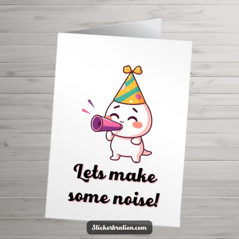 Funny Free Printable Party Hat Sticker Character Blowing Noisemaker Card - Excited sticker celebrates a birthday.