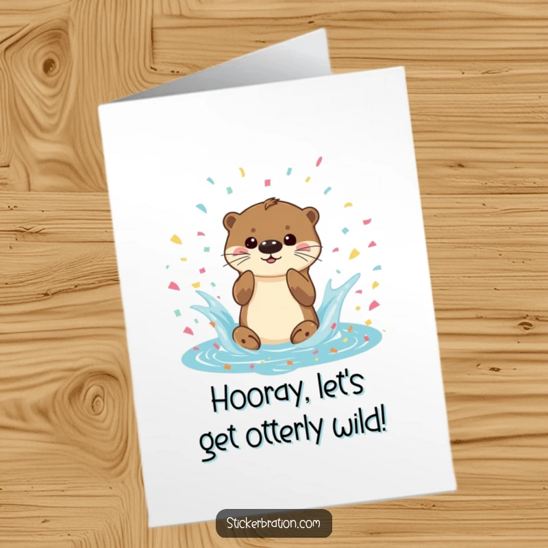 Funny free printable birthday card of a playful otter character joyfully splashing in a pool filled with colorful confetti.