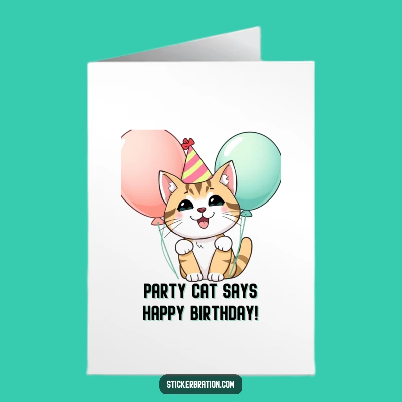 Free Printable Birthday Card: Party Cat Balloons Surprise Downloadable Gift