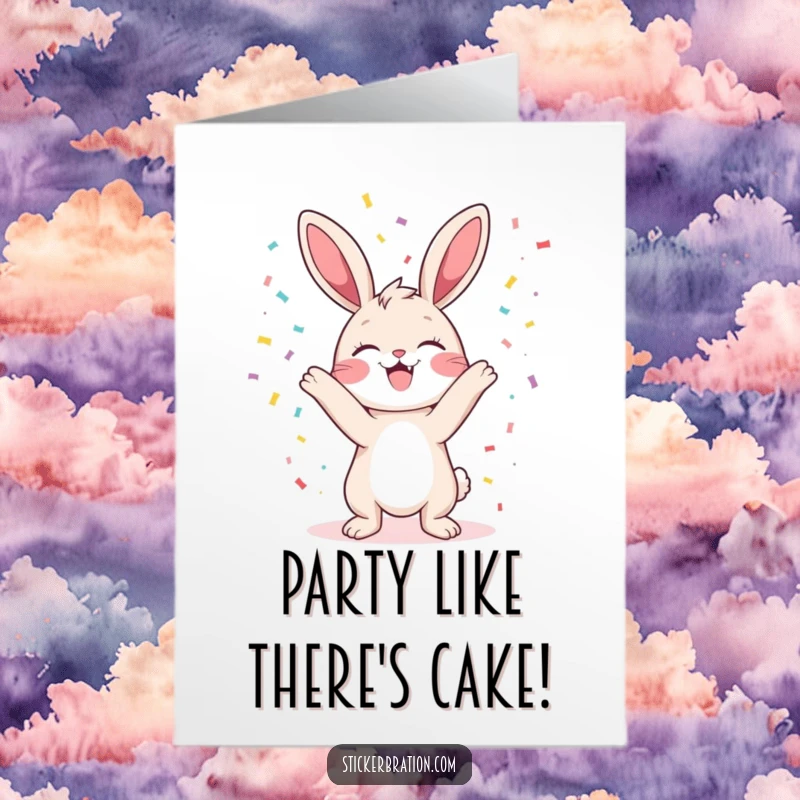 Funny Free Printable Birthday Card: Cute bunny gleefully tossing colorful confetti, celebrating joy with a downloadable design.