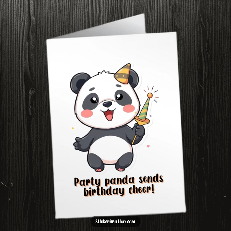 Funny Free Printable Birthday Card: A jubilant panda character enthusiastically blasts a colorful party popper, showering confetti.