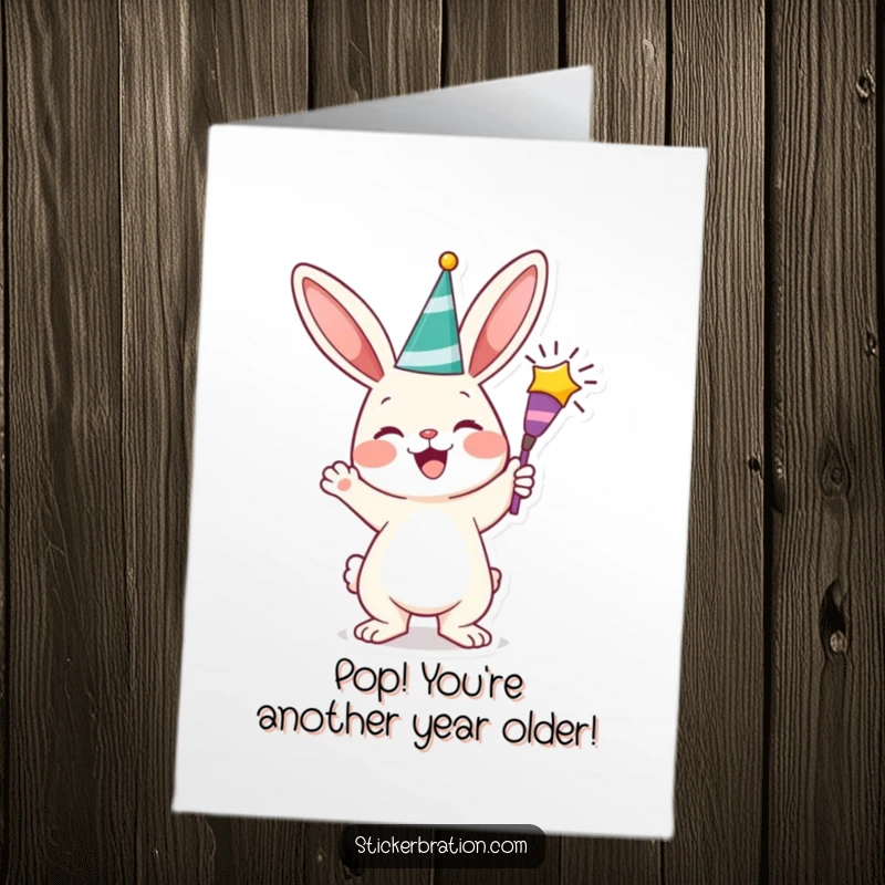 Funny Free Printable Birthday Card: Cheerful bunny exploding party popper, celebrating joyfully, perfect funny downloadable gift.
