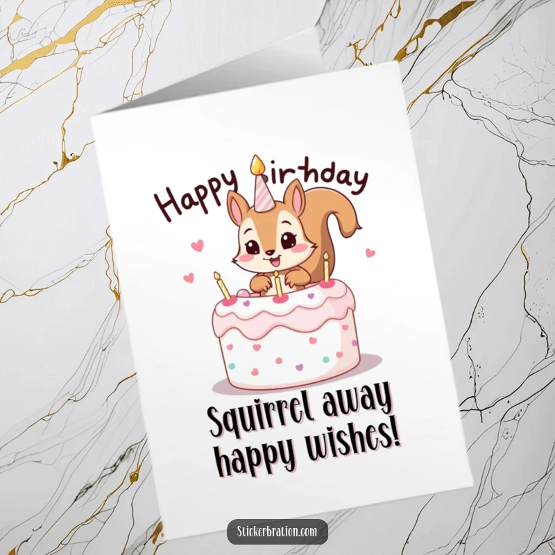 Funny Free Printable Birthday Card: Mischievous squirrel character popping out of a birthday cake with a cheeky grin, a hilarious DIY surprise.