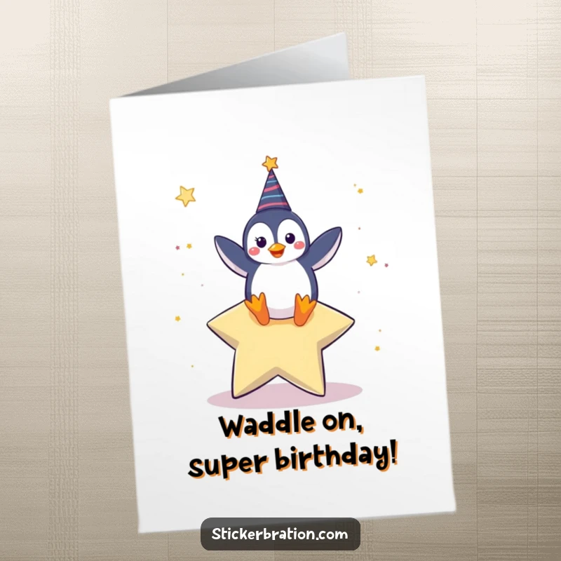 Funny Free Printable Birthday Card: Happy penguin character dancing joyfully on a giant star, a delightful DIY celebratory message.