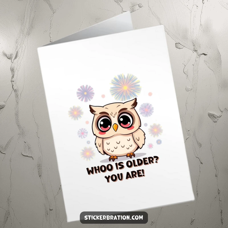 Funny Free Printable Birthday Card: Surprised owl with wide eyes watching a firework, amazed and delighted, ideal downloadable gift.