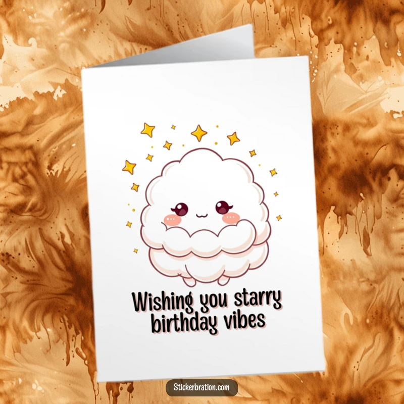 Funny Free Printable Birthday Card: A fluffy cloud character sprinkles down tiny golden stars, creating a magical birthday scene.