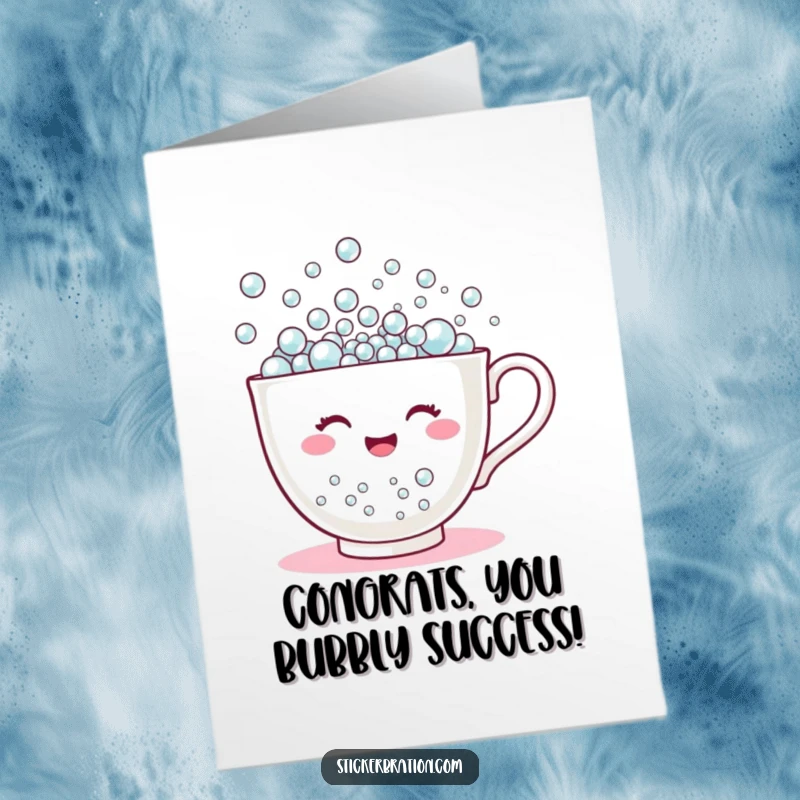Funny Free Printable Congratulations Card: A happy teacup overflows with tiny bubbles, symbolizing overflowing joy and success.