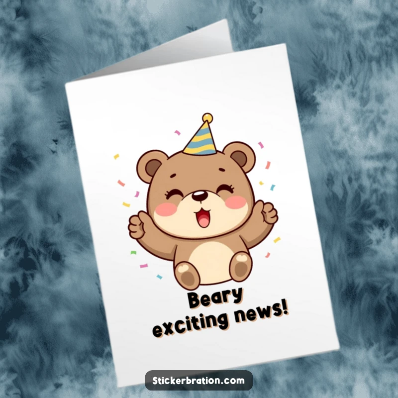 Funny Free Printable Congratulations Card: A cute bear wearing a party hat, cheering with confetti, celebrating a wonderful achievement.
