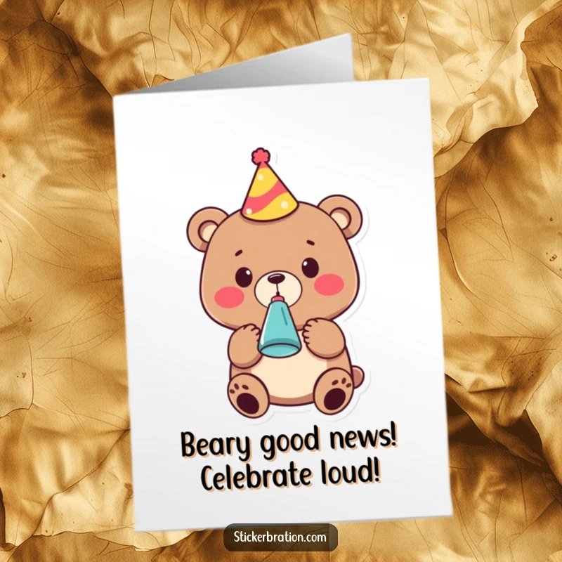 Funny free printable congratulations card: A happy bear in a party hat blows a noisemaker to celebrate.