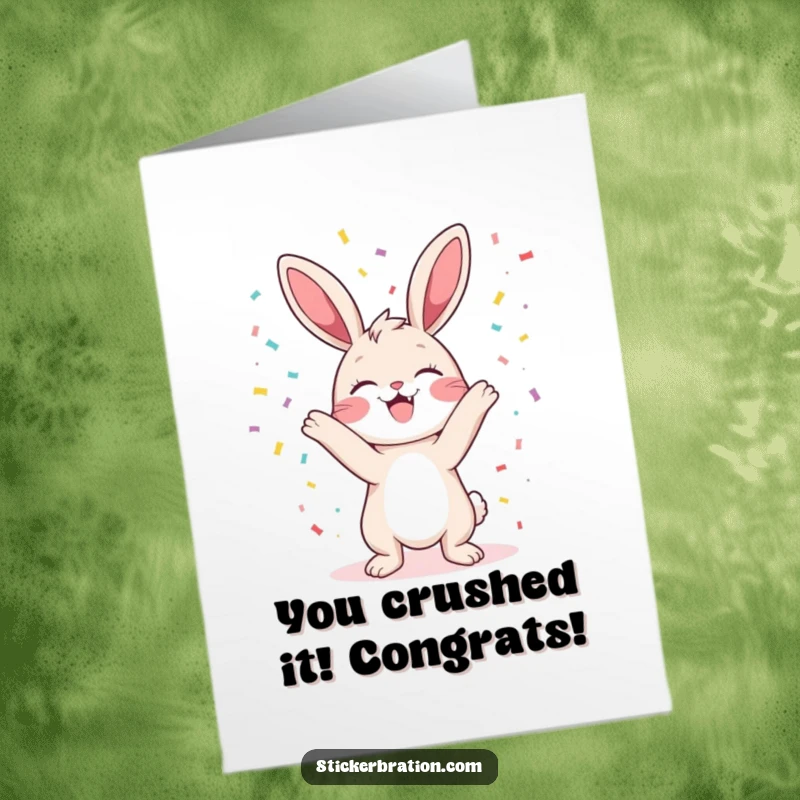 Funny Free Printable Congratulations Card: A joyful bunny showering confetti, perfect for celebrating wins with a downloadable design.