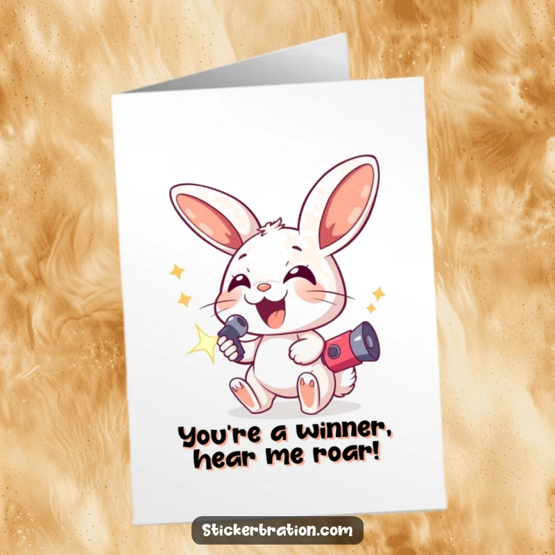Funny Free Printable Congrats Card: An excited bunny with huge ears brandishes a sparkling noisemaker, ready to celebrate.