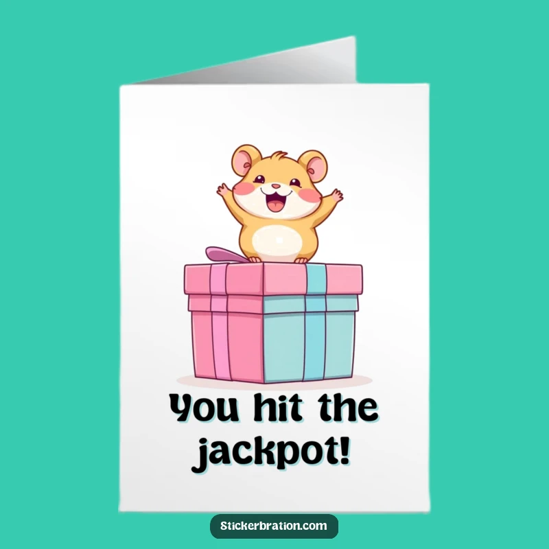 Free Printable Congrats Card: Excited Hamster on Present, Funny Downloadable for Any Win