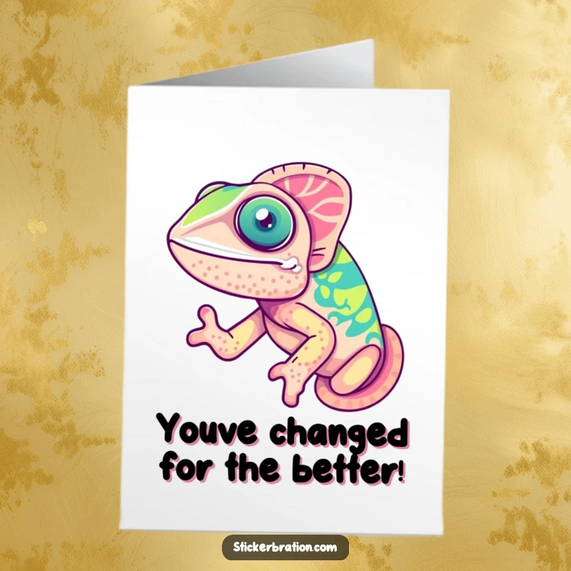 Funny Free Printable Congratulations Card: A cute chameleon beaming with joy, showcasing a spectrum of happy colors.