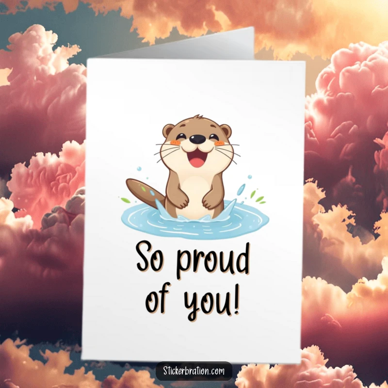 Funny Free Printable Congratulations Card: A happy otter splashing joyfully in a puddle, a downloadable design for celebrating wins.